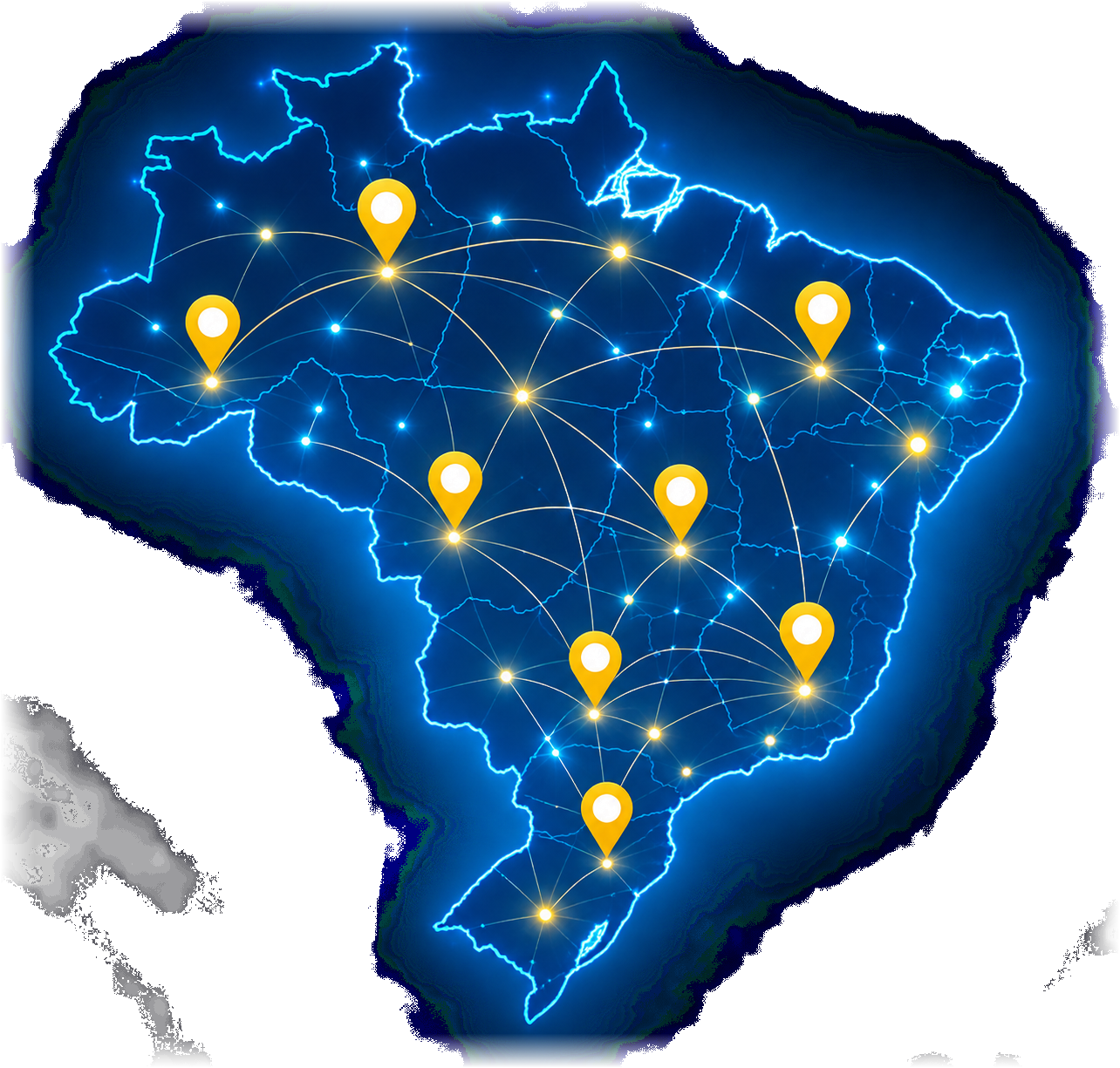 Mapa do Brasil com imóveis conectados em várias cidades
